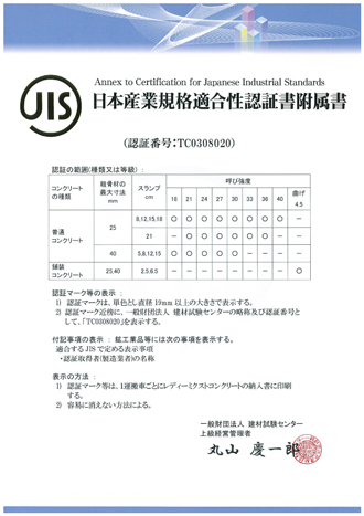 日本工業規格適合性認証書付属書